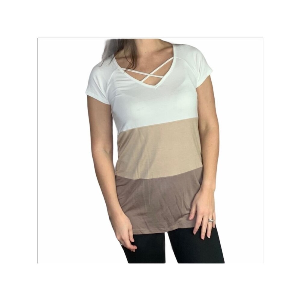 Short sleeve color block tan white medium
